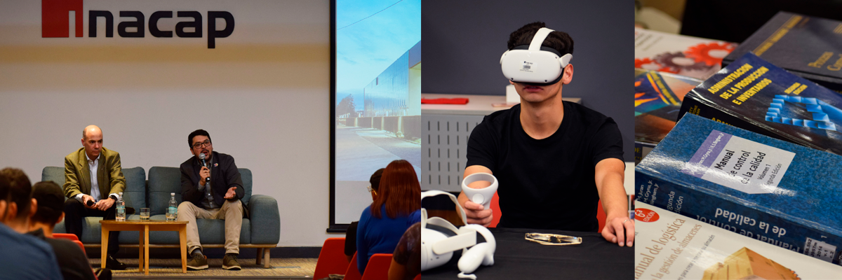 Diferentes actividades realizadas en la jornada, como conversatorio, lentes de realidad virtual y muestra de libros del área disponibles en Biblioteca