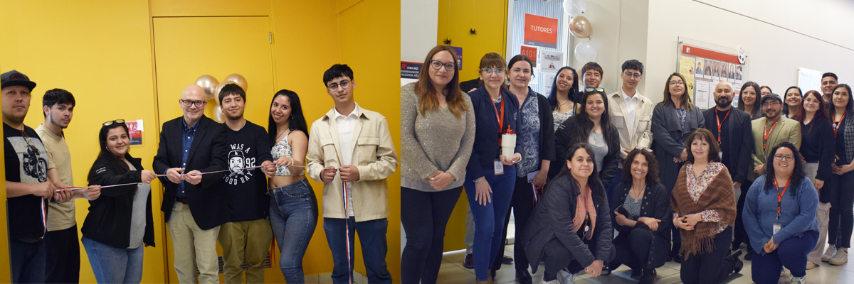 Fotos de corte de cinta frente a baño universal y foto grupal frente a espacio seguro, aparecen estudiantes, directivos y administrativos de la Sede Puente alto