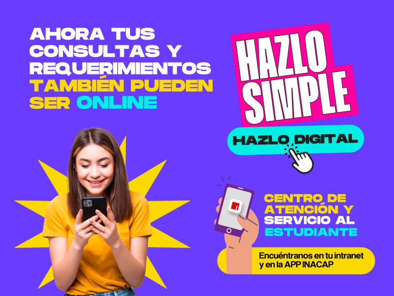 Gráfica en donde aparece mujer con un teléfono en la mano invitando a usar el centro de atención al estudiante