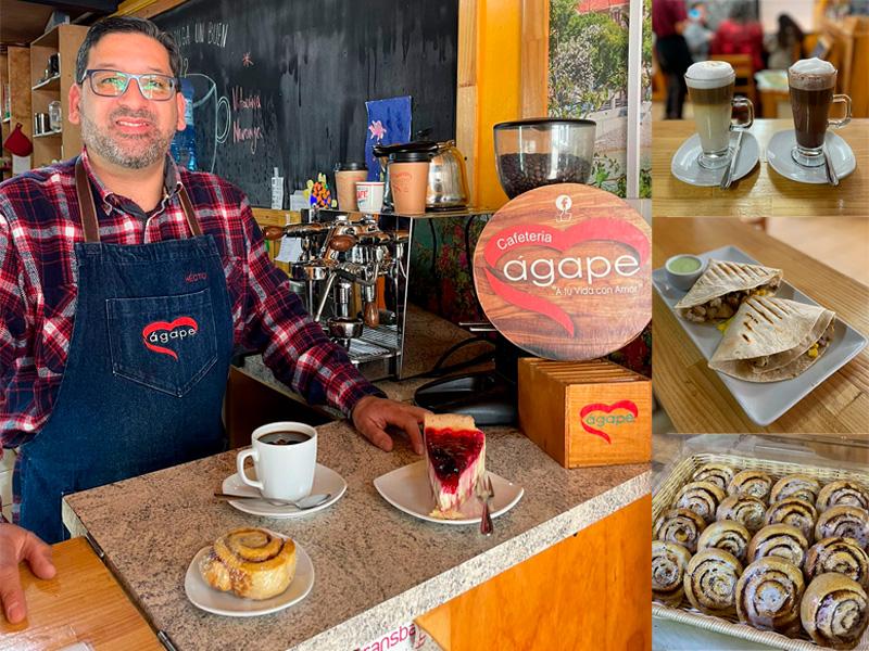 Persona en un café restaurante con dulces, café y comida